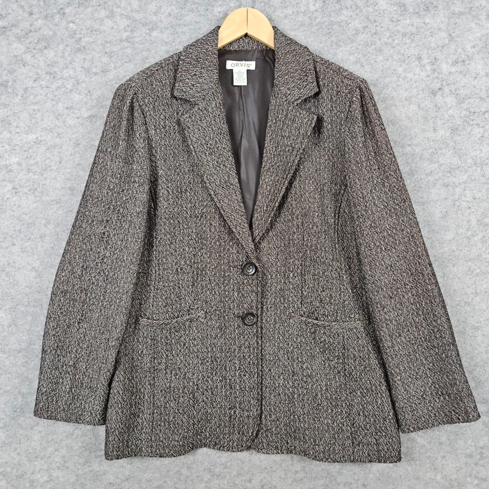Orvis Women's Blazer Size 8 Brown Tweed Business Career Jacket Polyester Blend